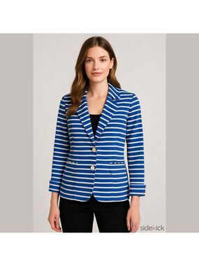L M STUDIO Blue & White Striped Blazer Jacket